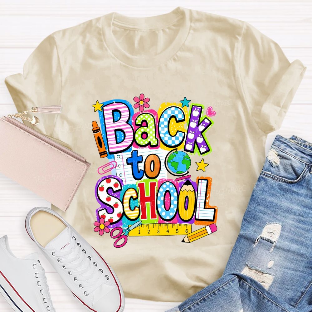 Back To School Mixed Pattern Letter Crayon Globe Teacher T-shirt