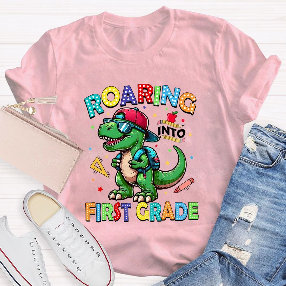 Personalized Grade Roaring Into First Grade Teacher T-shirt