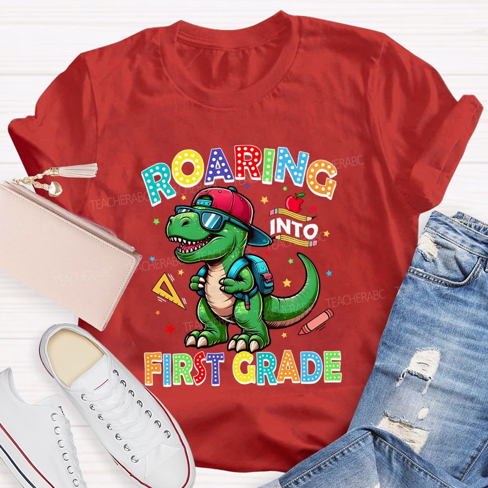 Personalized Grade Roaring Into First Grade Teacher T-shirt