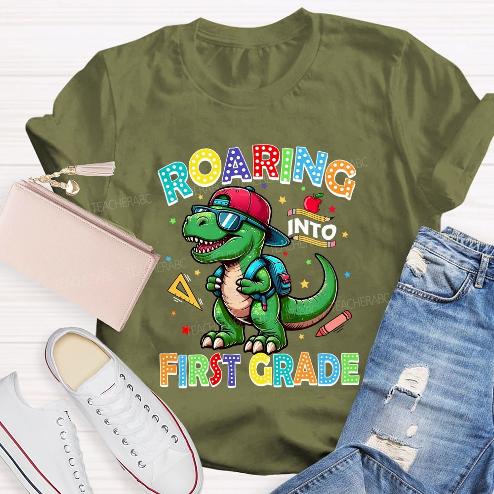 Personalized Grade Roaring Into First Grade Teacher T-shirt