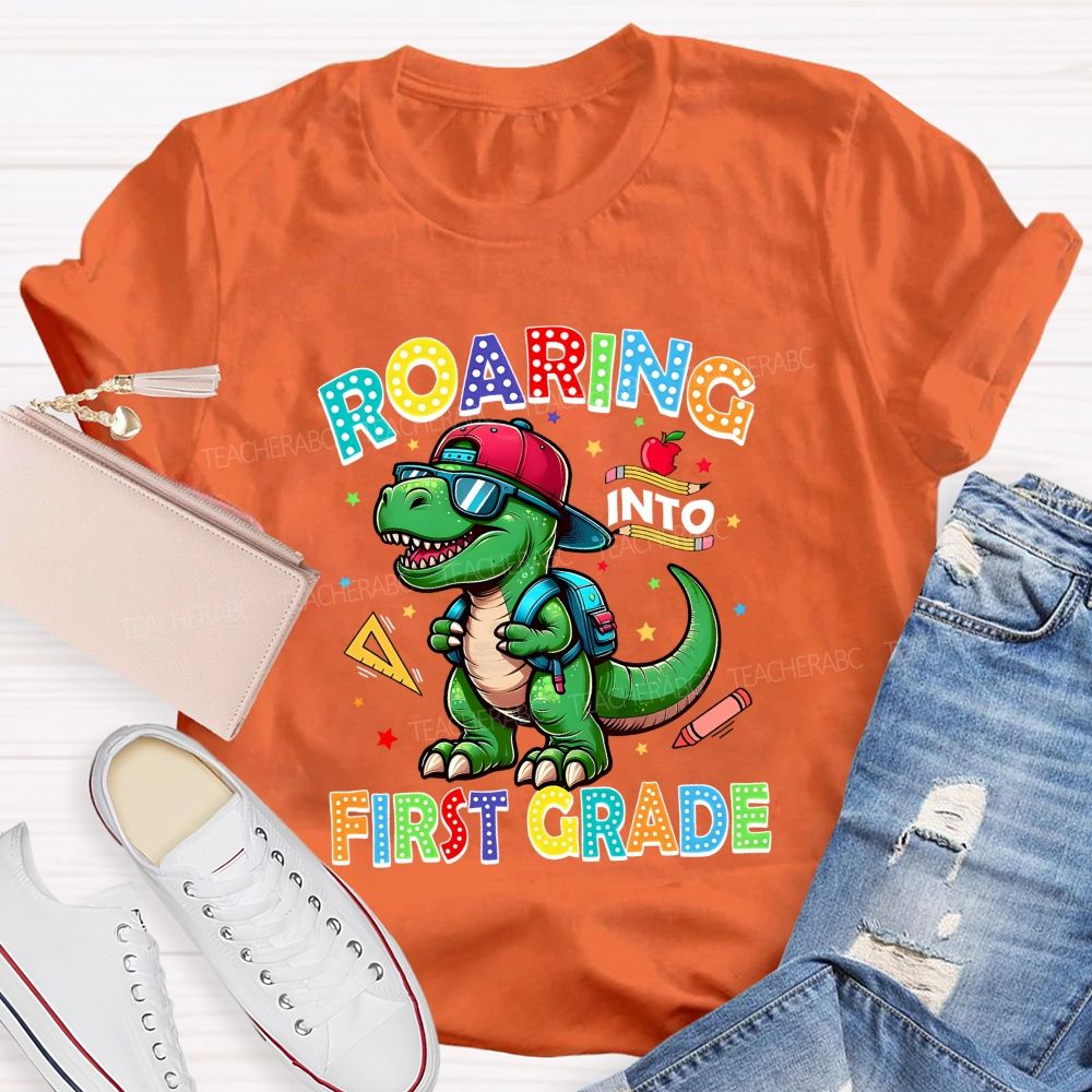 Personalized Grade Roaring Into First Grade Teacher T-shirt