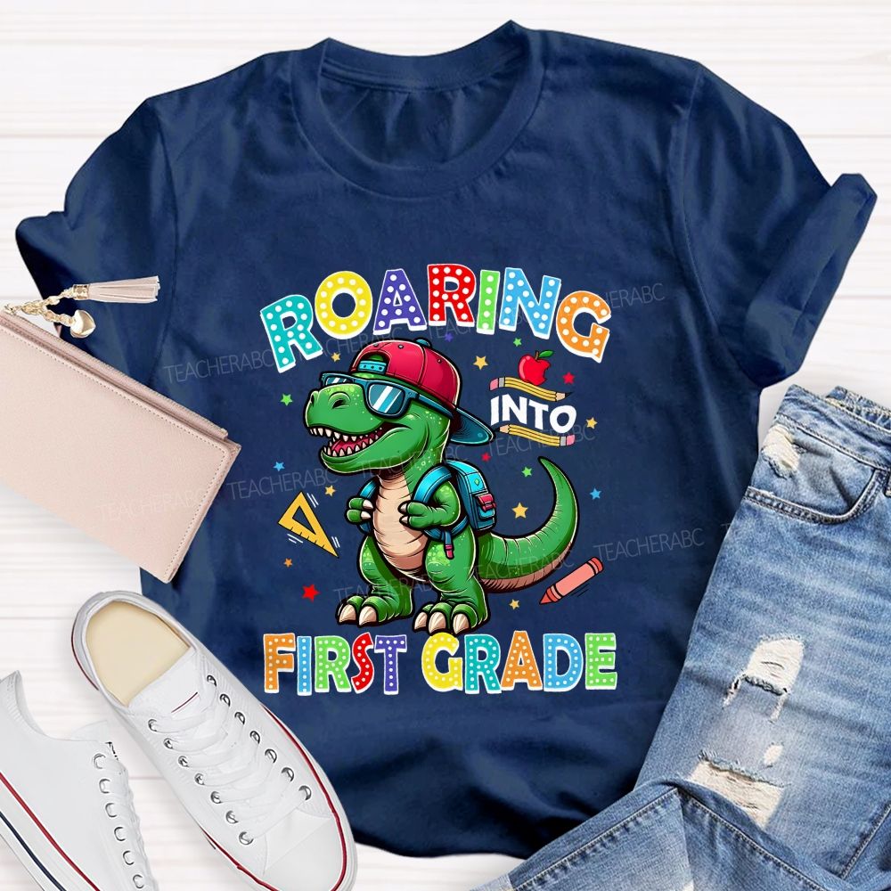 Personalized Grade Roaring Into First Grade Teacher T-shirt