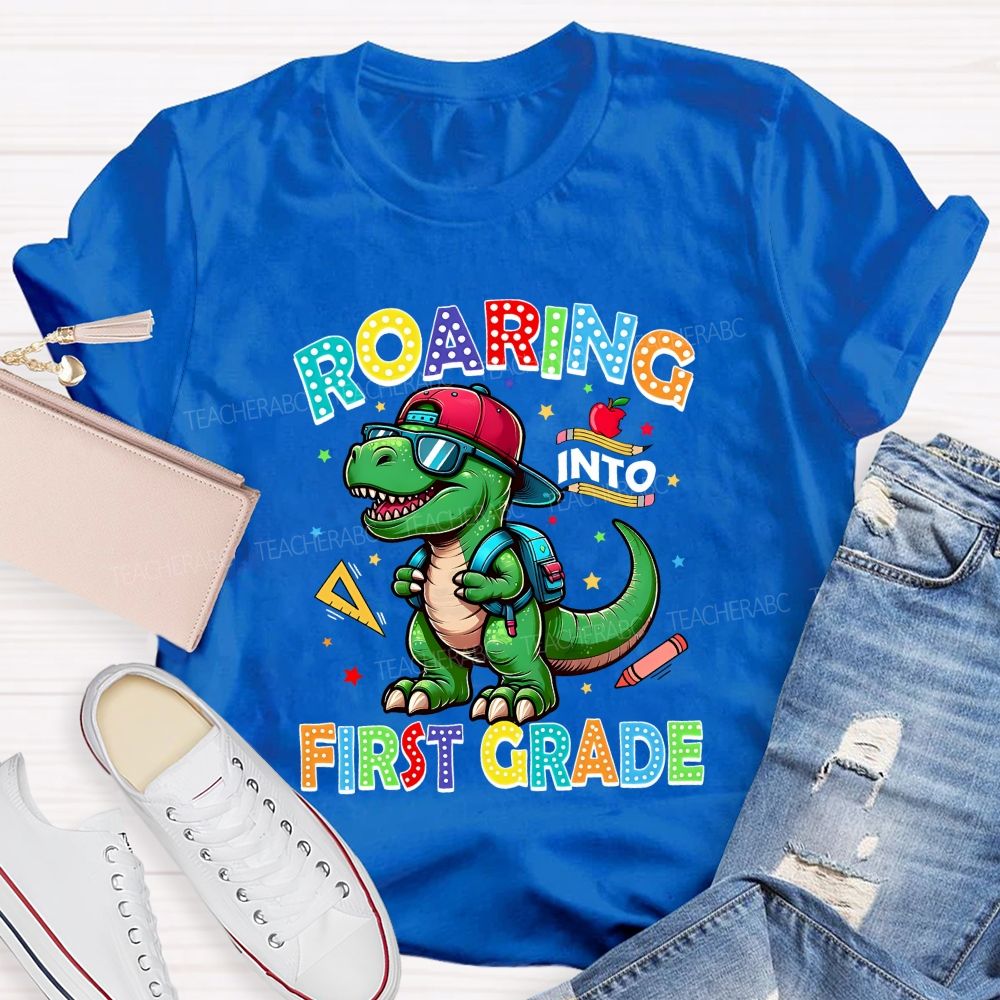 Personalized Grade Roaring Into First Grade Teacher T-shirt