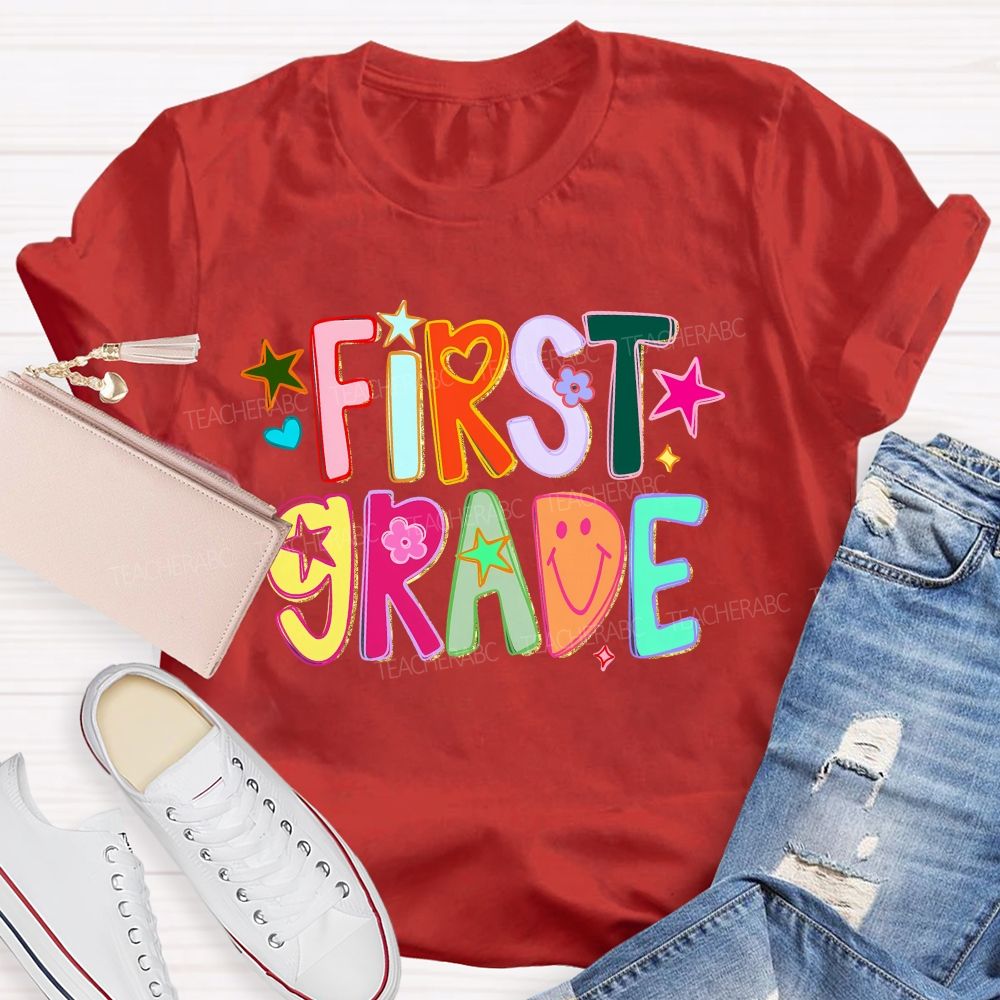 Personalized Grade First Grade Groovy Heart Flower Star Teacher T-shirt
