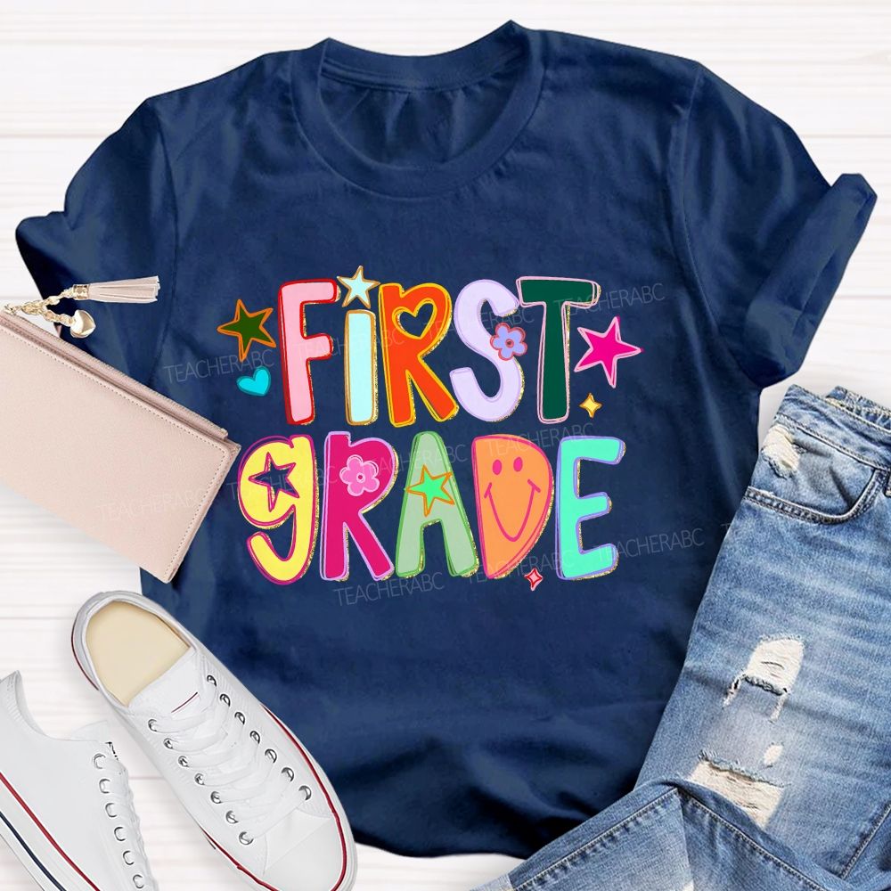 Personalized Grade First Grade Groovy Heart Flower Star Teacher T-shirt
