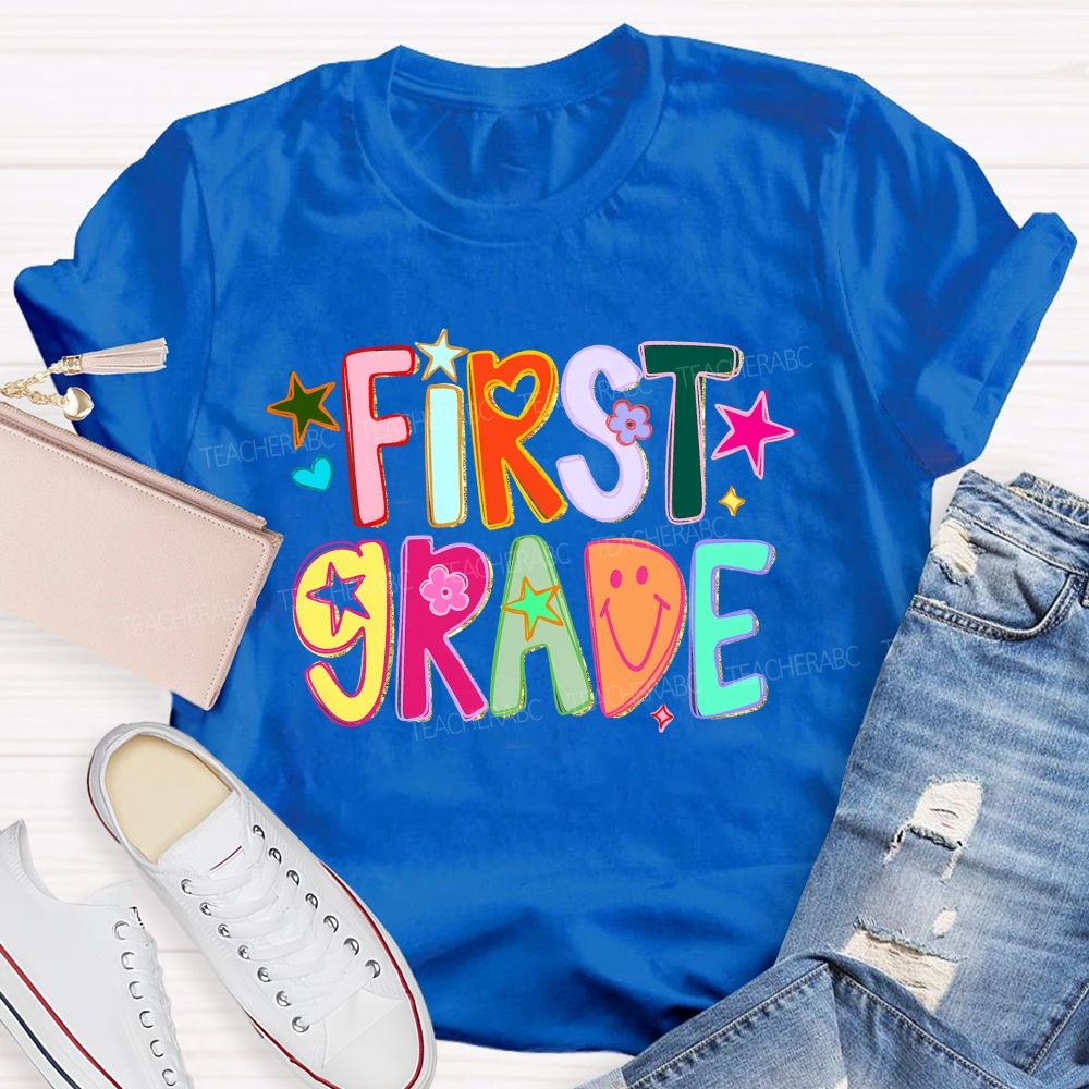 Personalized Grade First Grade Groovy Heart Flower Star Teacher T-shirt