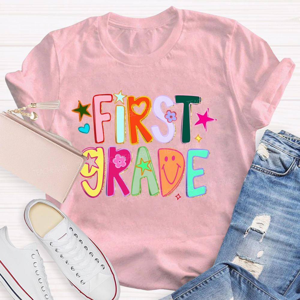 Personalized Grade First Grade Groovy Heart Flower Star Teacher T-shirt