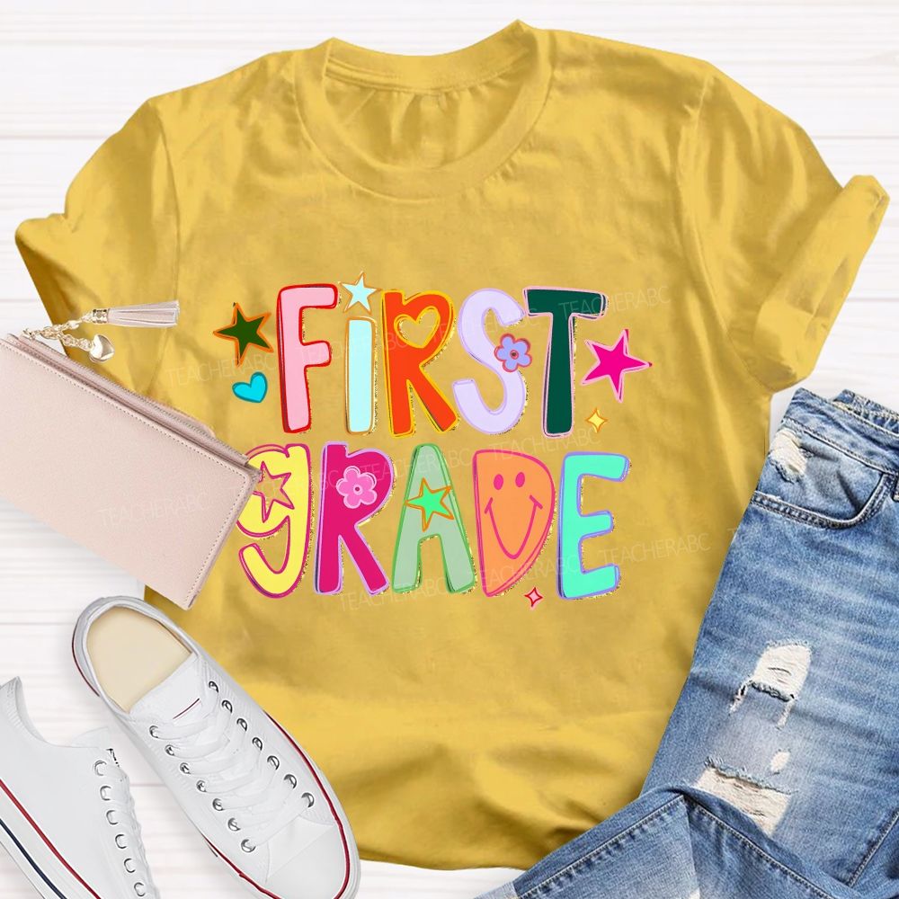 Personalized Grade First Grade Groovy Heart Flower Star Teacher T-shirt