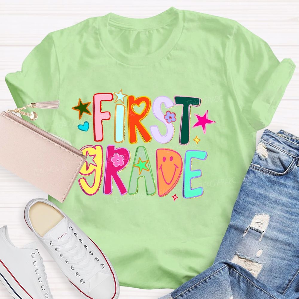 Personalized Grade First Grade Groovy Heart Flower Star Teacher T-shirt