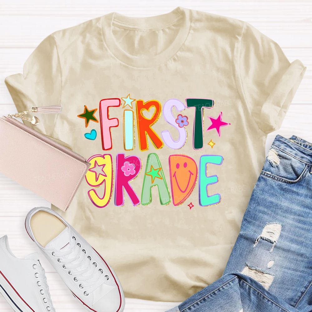 Personalized Grade First Grade Groovy Heart Flower Star Teacher T-shirt