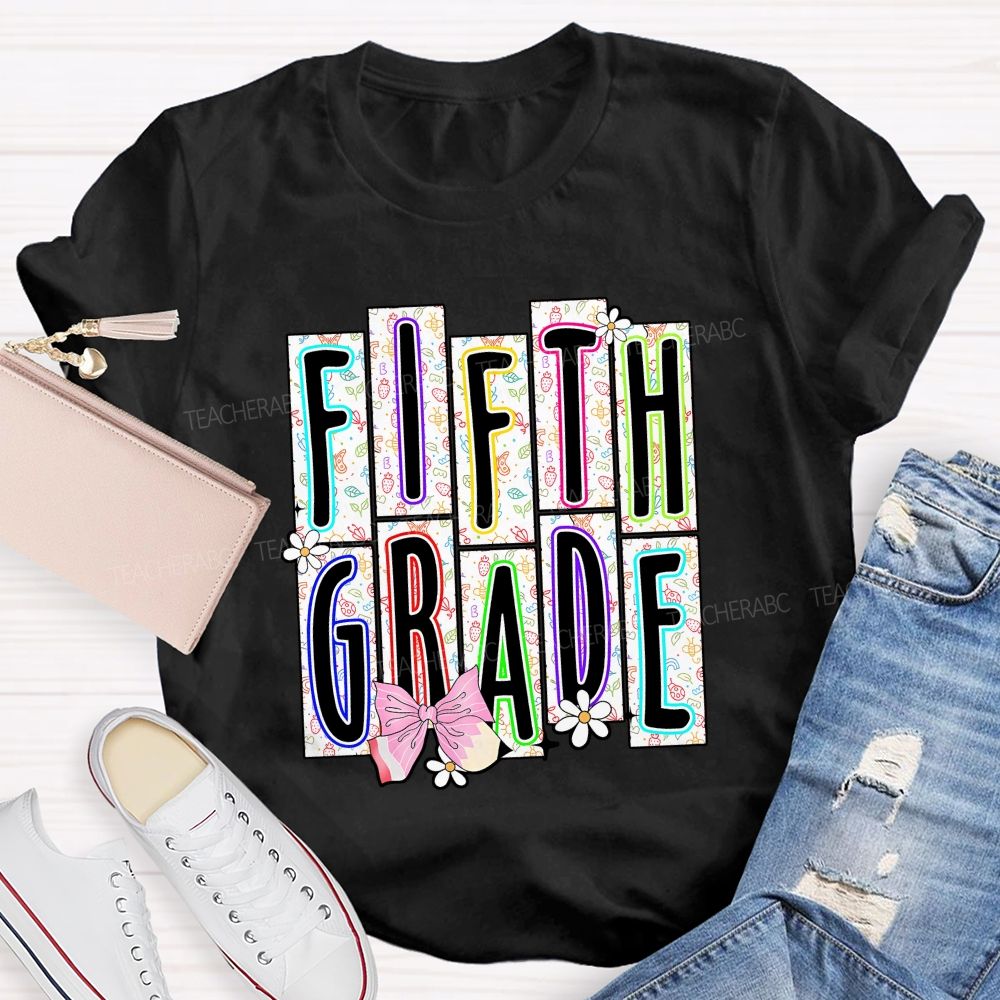 Personalized Grade Fifth Grade Floral Striped Letter Daisy Bow Pencil Teacher T-shirt