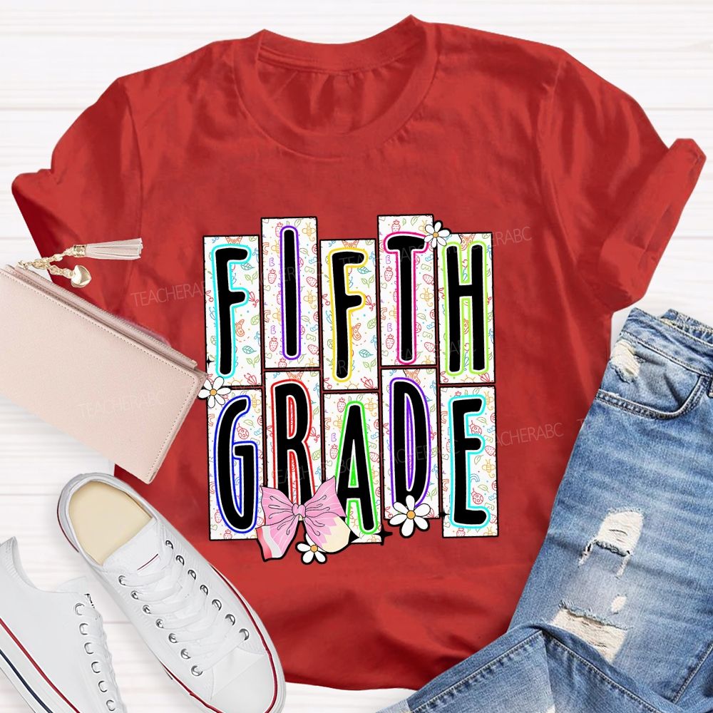 Personalized Grade Fifth Grade Floral Striped Letter Daisy Bow Pencil Teacher T-shirt