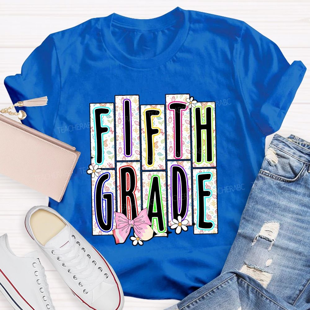Personalized Grade Fifth Grade Floral Striped Letter Daisy Bow Pencil Teacher T-shirt