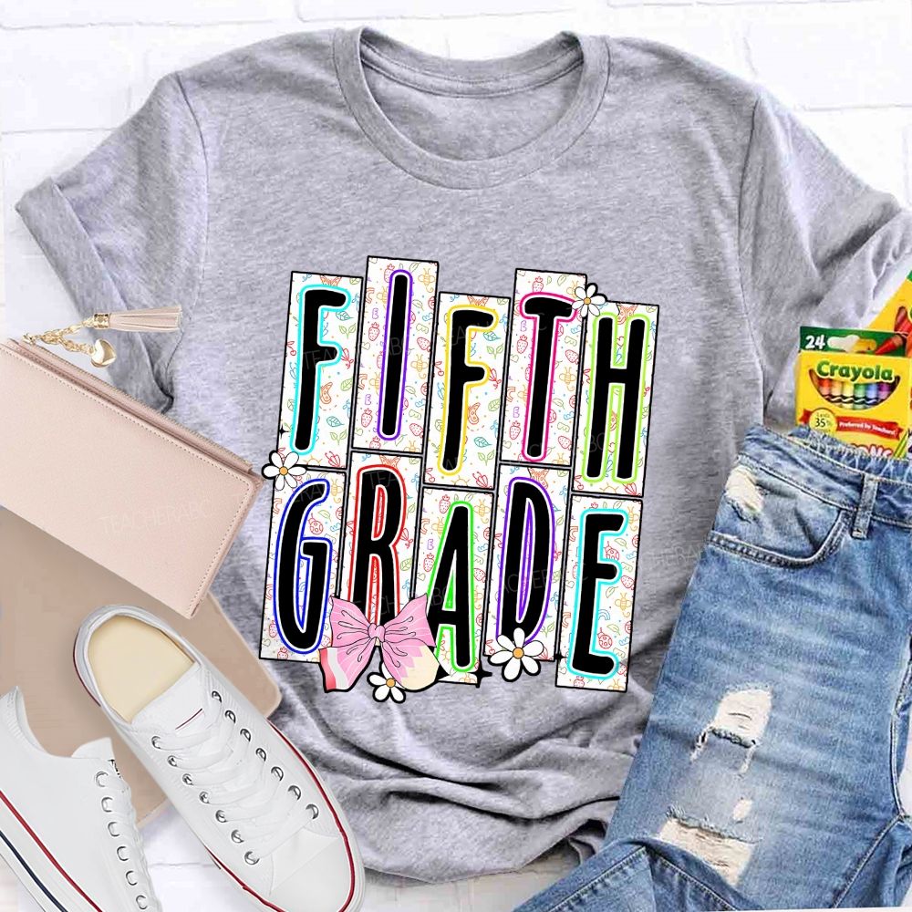 Personalized Grade Fifth Grade Floral Striped Letter Daisy Bow Pencil Teacher T-shirt