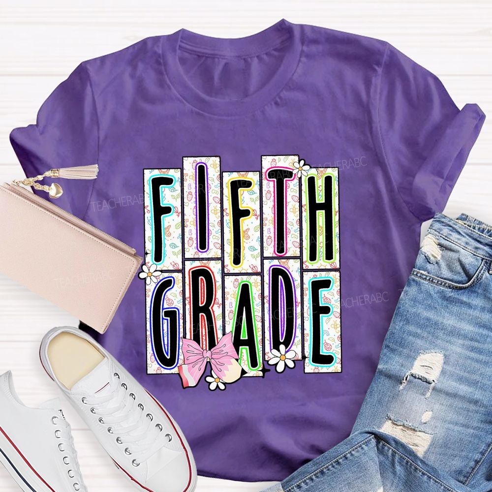 Personalized Grade Fifth Grade Floral Striped Letter Daisy Bow Pencil Teacher T-shirt