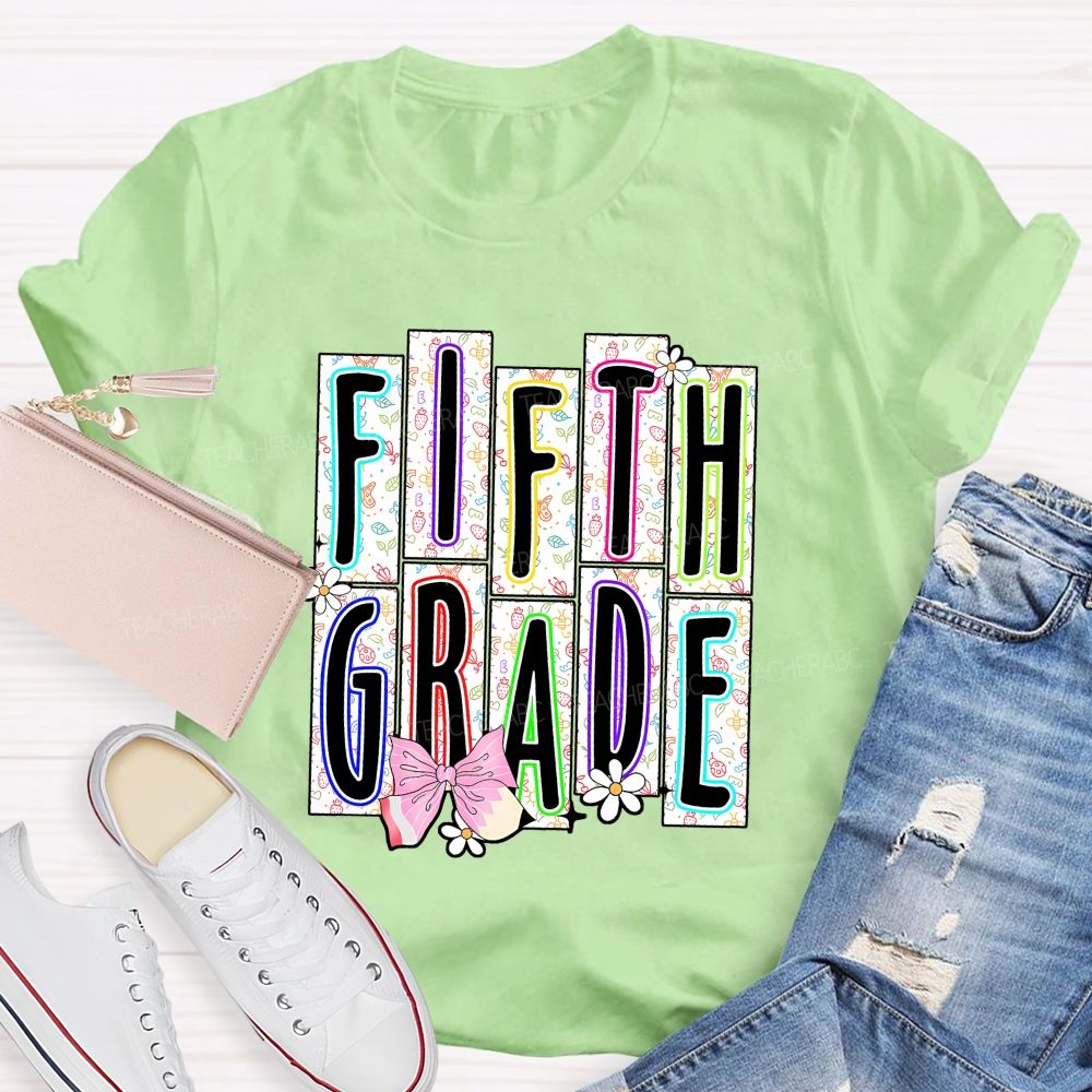 Personalized Grade Fifth Grade Floral Striped Letter Daisy Bow Pencil Teacher T-shirt