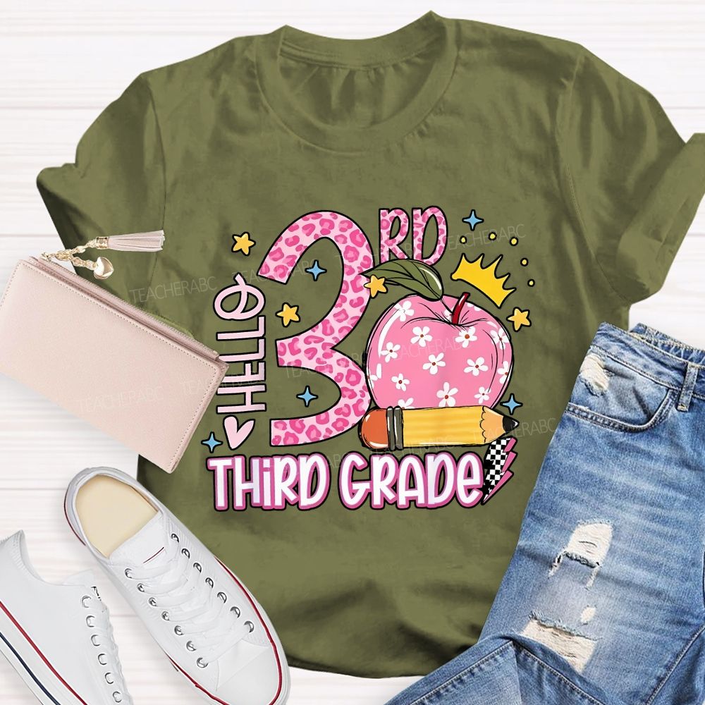 Personalized Grade Hello 3rd Third Grade Leopard Daisy Apple Crown Teacher T-shirt