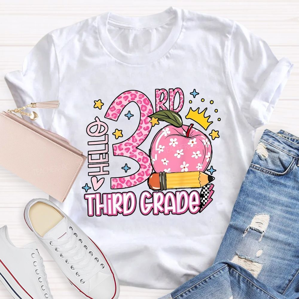 Personalized Grade Hello 3rd Third Grade Leopard Daisy Apple Crown Teacher T-shirt