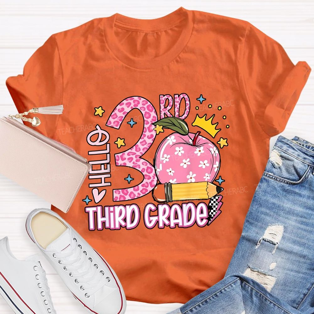Personalized Grade Hello 3rd Third Grade Leopard Daisy Apple Crown Teacher T-shirt