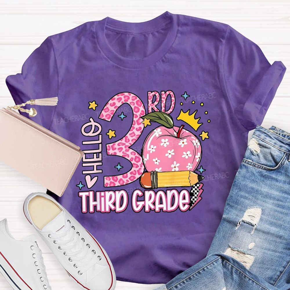 Personalized Grade Hello 3rd Third Grade Leopard Daisy Apple Crown Teacher T-shirt