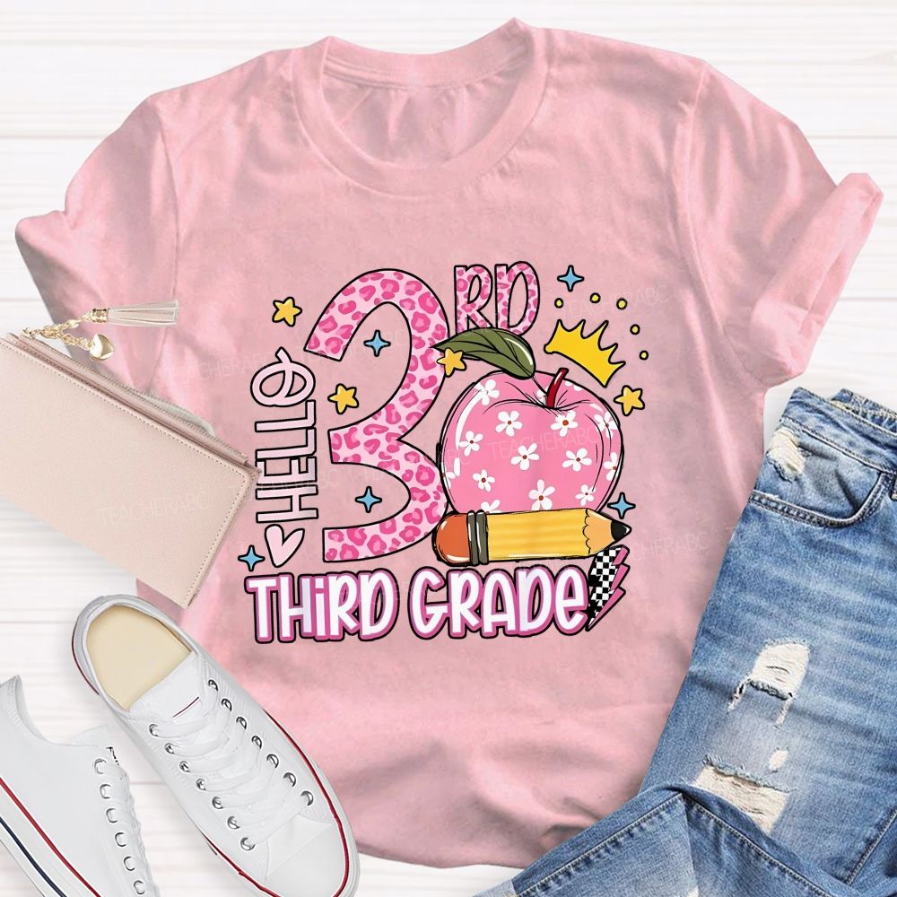 Personalized Grade Hello 3rd Third Grade Leopard Daisy Apple Crown Teacher T-shirt