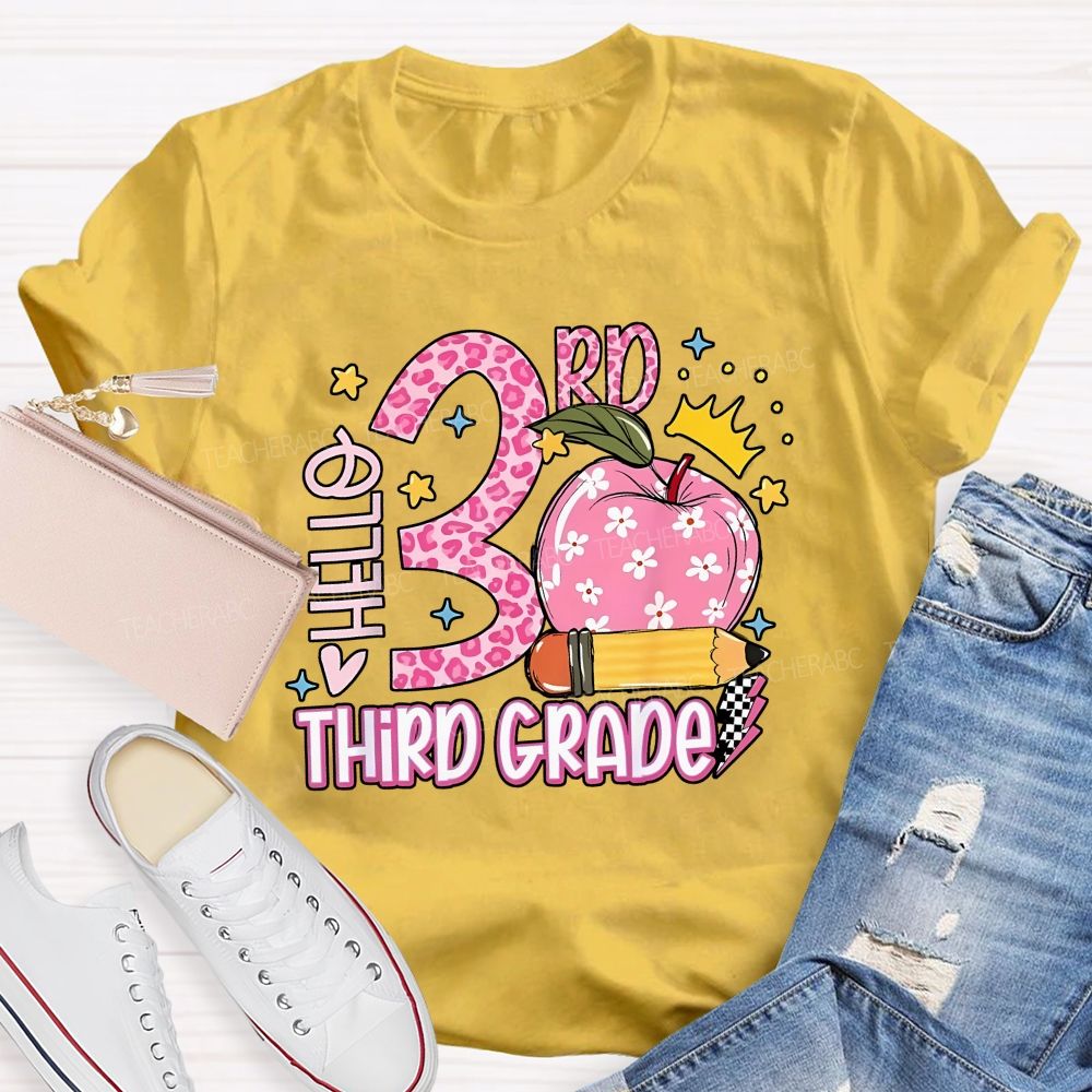 Personalized Grade Hello 3rd Third Grade Leopard Daisy Apple Crown Teacher T-shirt