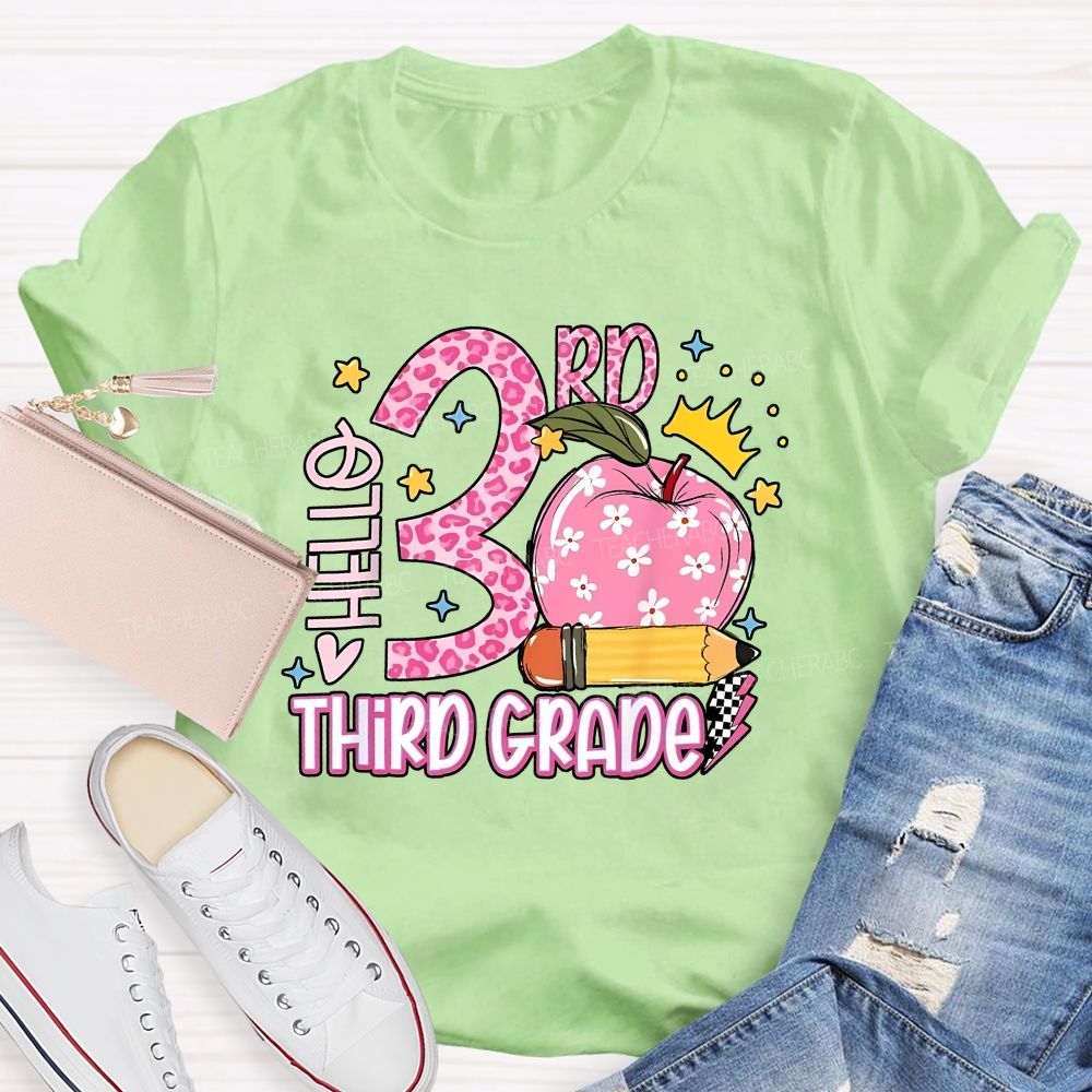 Personalized Grade Hello 3rd Third Grade Leopard Daisy Apple Crown Teacher T-shirt