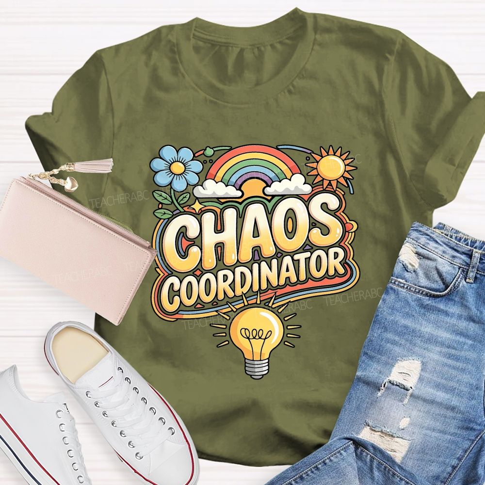 Chaos Coordinator Rainbow Daisy Light Bulb Teacher T-shirt