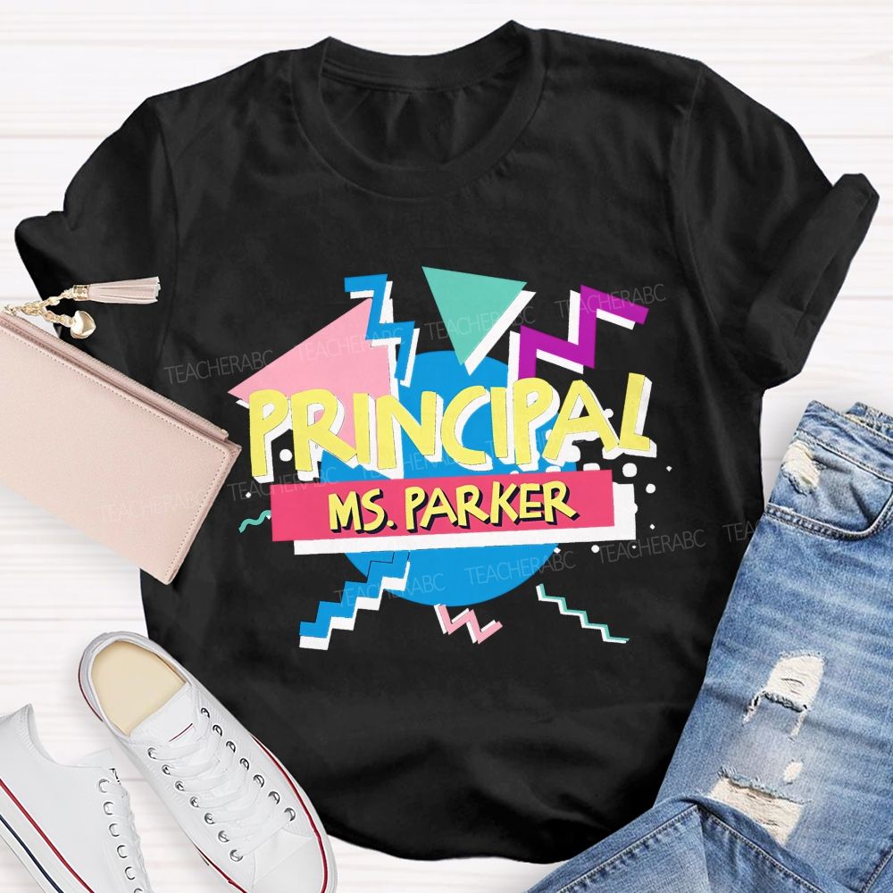 Personalized Name Principal Memphis Geometric Triangle T-shirt