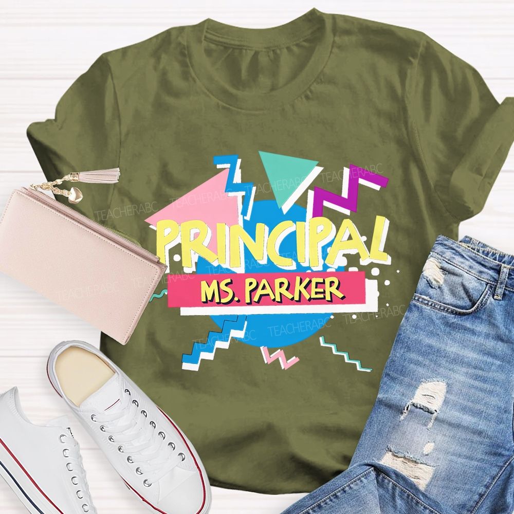 Personalized Name Principal Memphis Geometric Triangle T-shirt