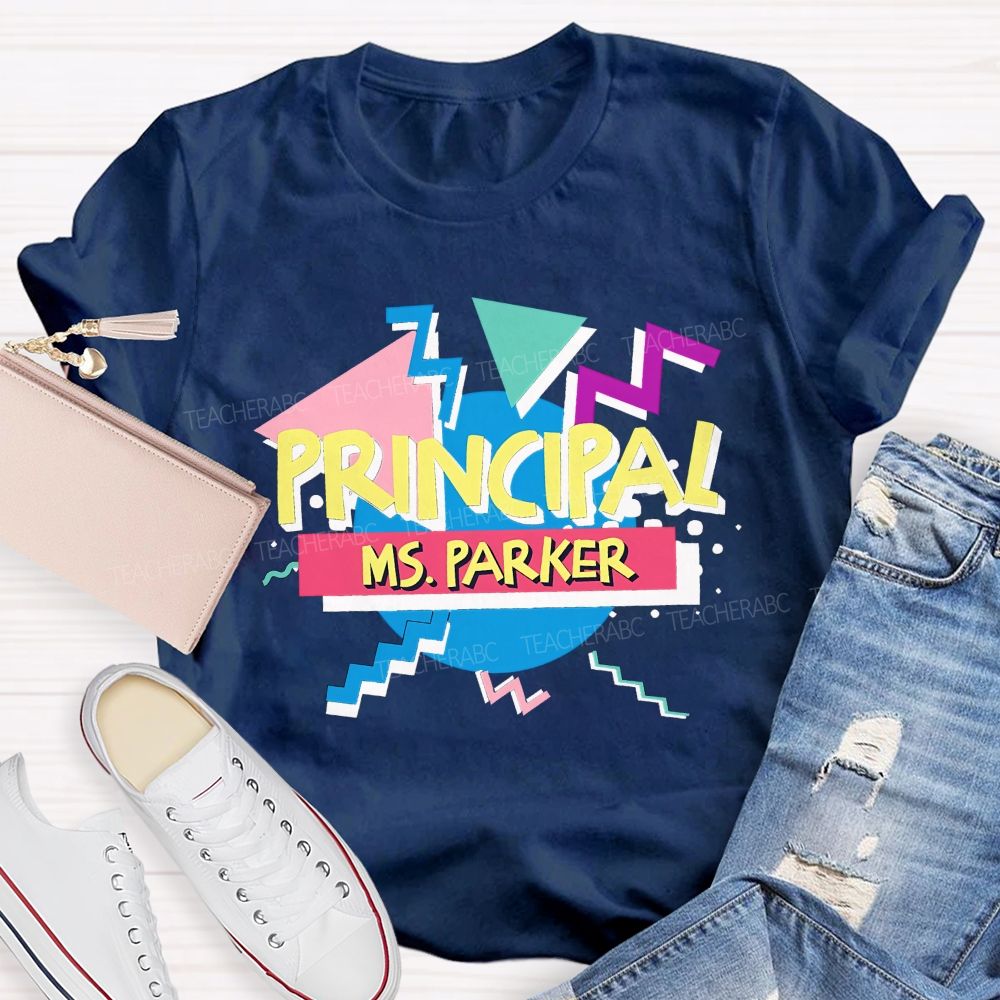 Personalized Name Principal Memphis Geometric Triangle T-shirt