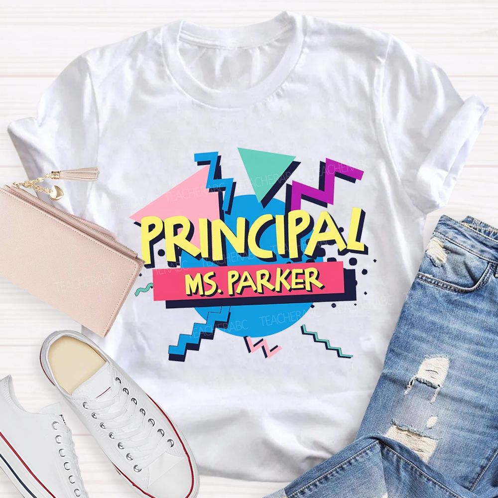 Personalized Name Principal Memphis Geometric Triangle T-shirt
