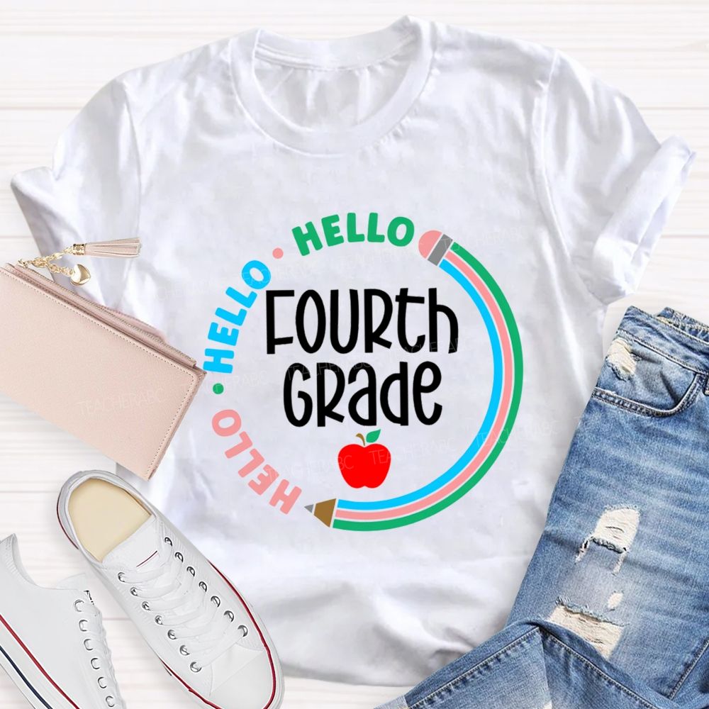 Personalized Grade Hello Hello Back To School Pencil Circle Teacher T-Shirt