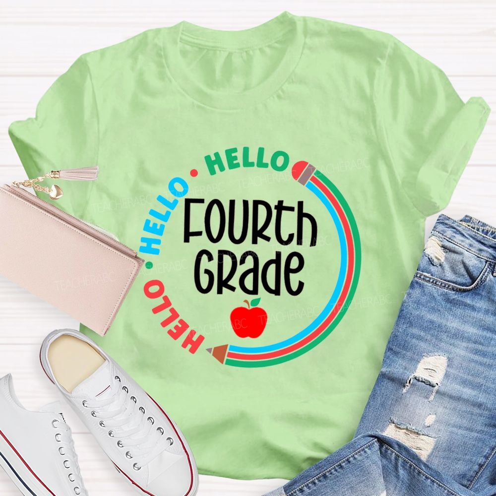 Personalized Grade Hello Hello Back To School Pencil Circle Teacher T-Shirt