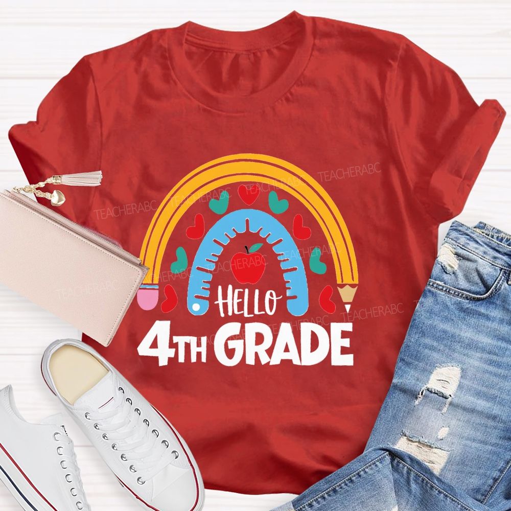 Personalized Grade Rainbow Pencil Apple Hello 4th Grade Teacher T-Shirt