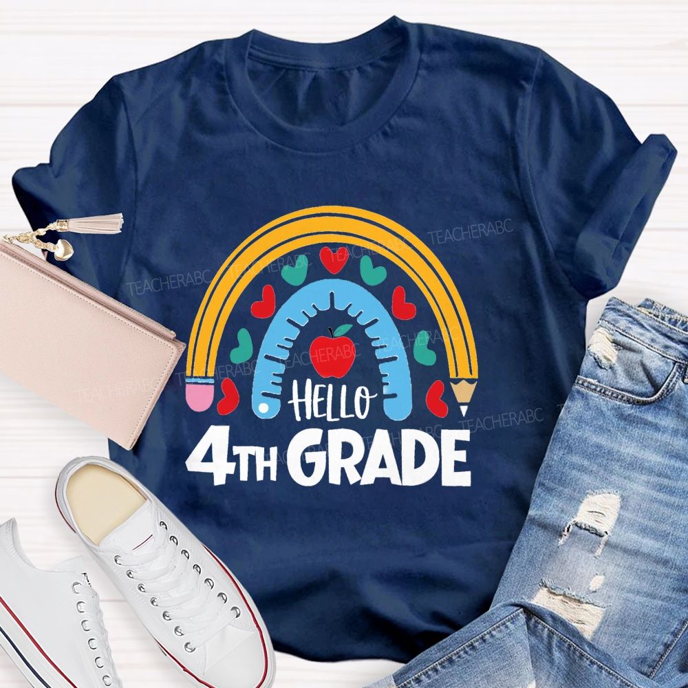 Personalized Grade Rainbow Pencil Apple Hello 4th Grade Teacher T-Shirt