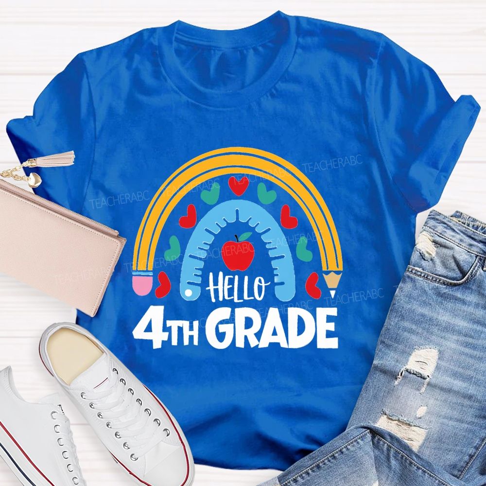 Personalized Grade Rainbow Pencil Apple Hello 4th Grade Teacher T-Shirt