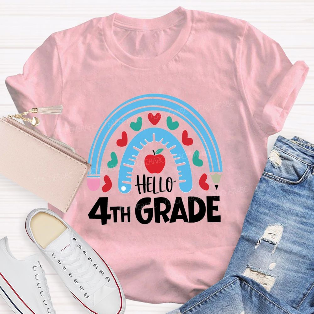 Personalized Grade Rainbow Pencil Apple Hello 4th Grade Teacher T-Shirt