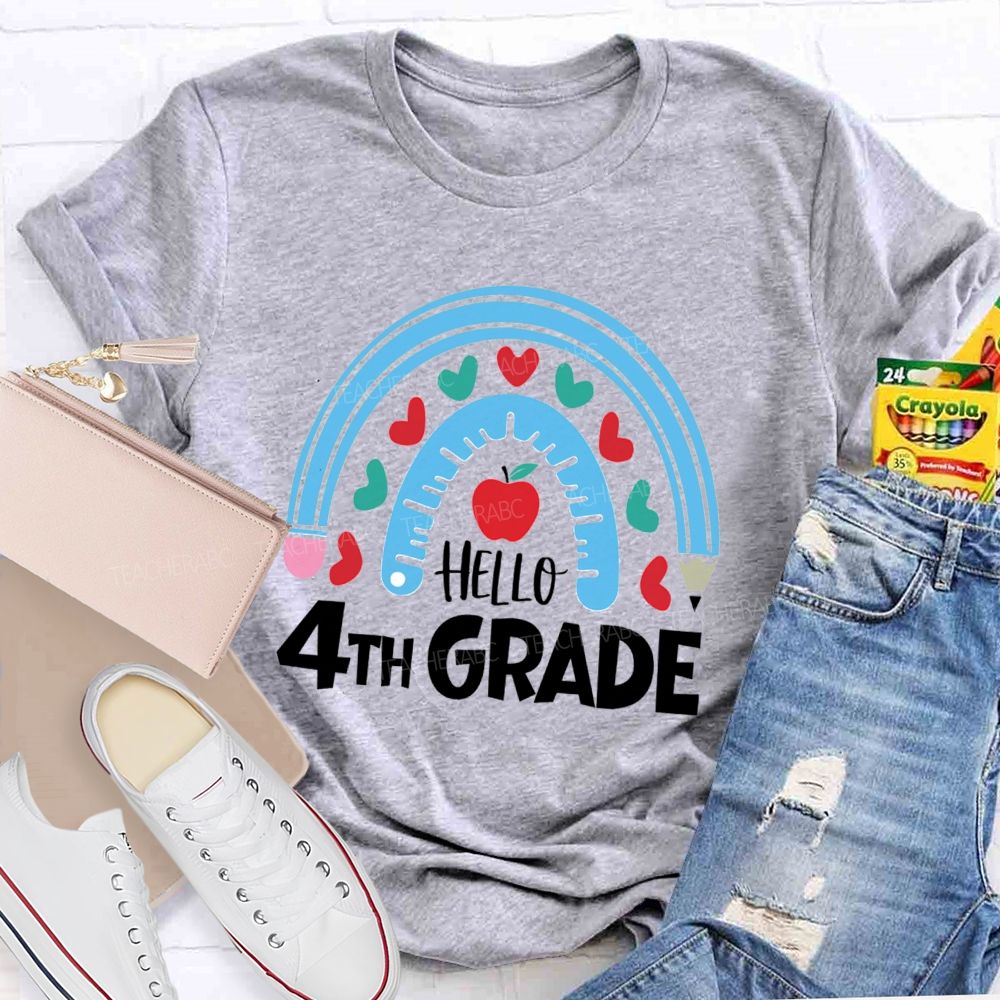 Personalized Grade Rainbow Pencil Apple Hello 4th Grade Teacher T-Shirt