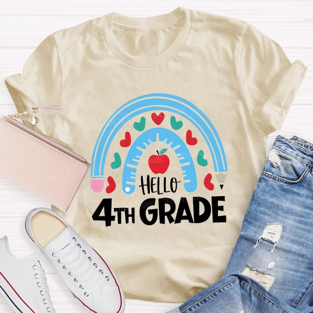 Personalized Grade Rainbow Pencil Apple Hello 4th Grade Teacher T-Shirt