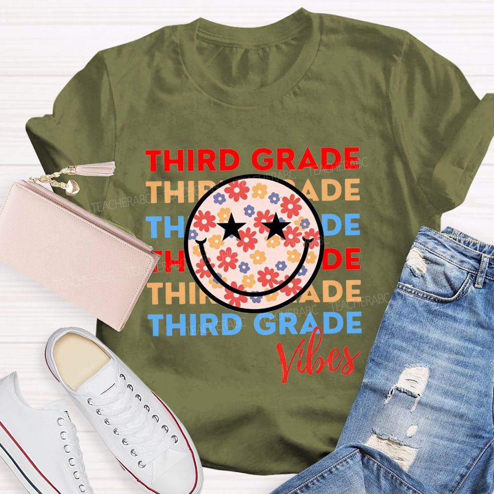 Personalized Grade Third Grade Vibes Floral Smiley Face Teacher T-shirt