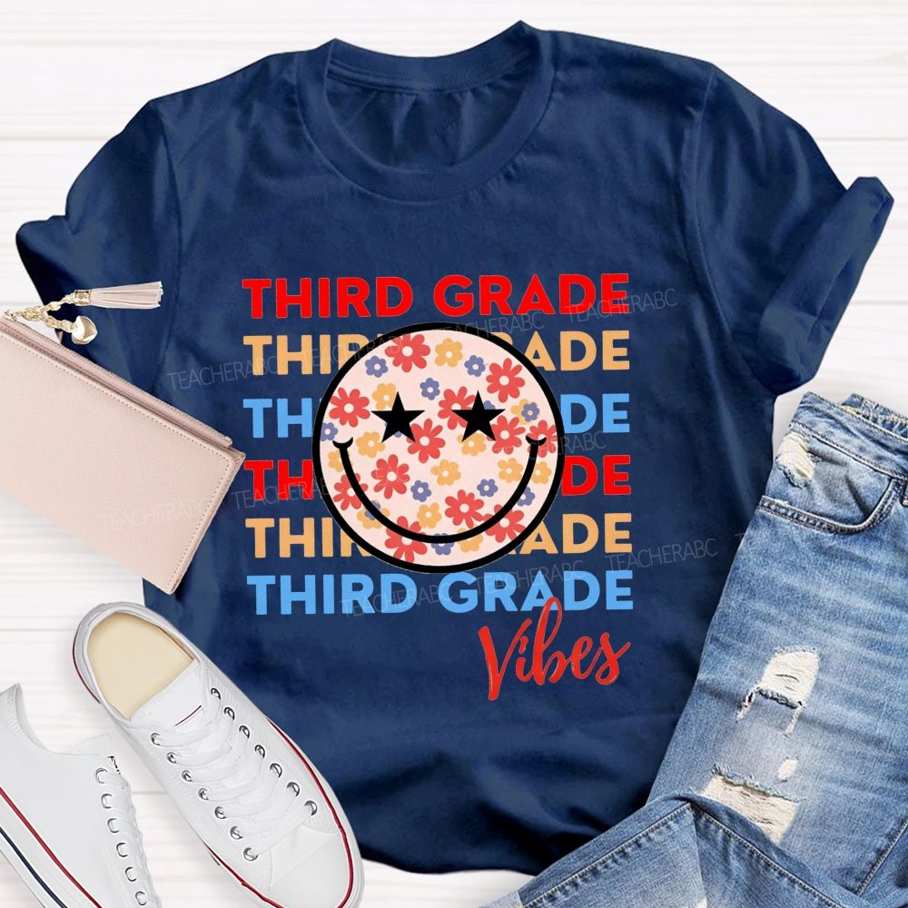 Personalized Grade Third Grade Vibes Floral Smiley Face Teacher T-shirt