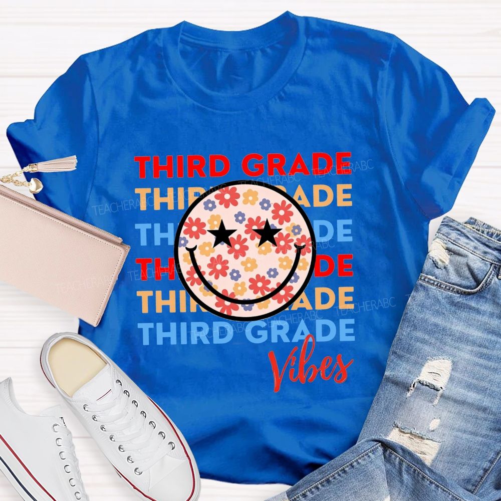 Personalized Grade Third Grade Vibes Floral Smiley Face Teacher T-shirt