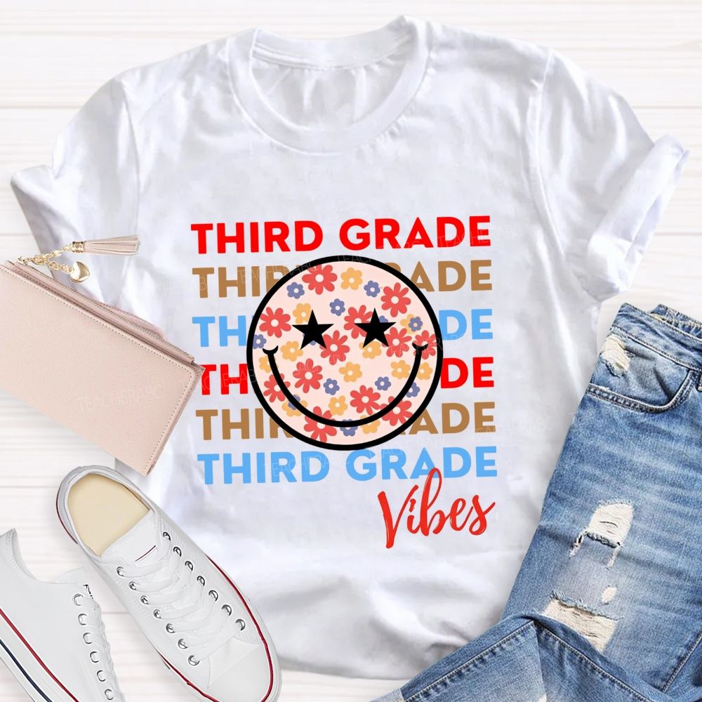 Personalized Grade Third Grade Vibes Floral Smiley Face Teacher T-shirt