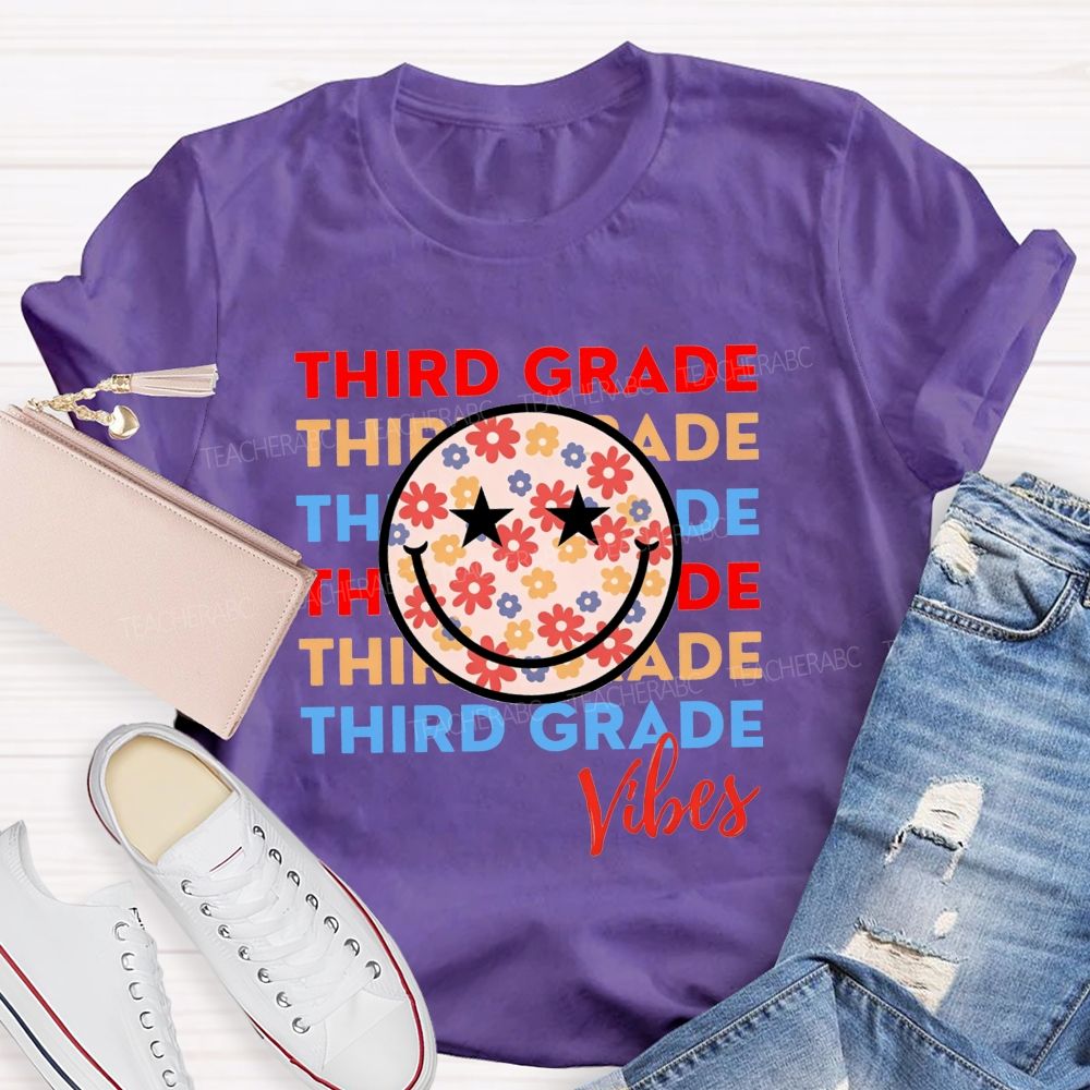 Personalized Grade Third Grade Vibes Floral Smiley Face Teacher T-shirt