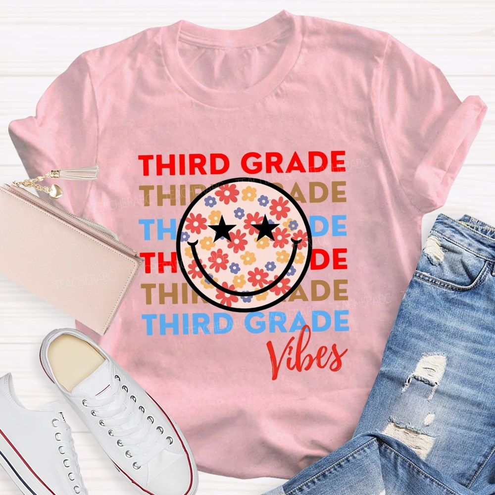 Personalized Grade Third Grade Vibes Floral Smiley Face Teacher T-shirt