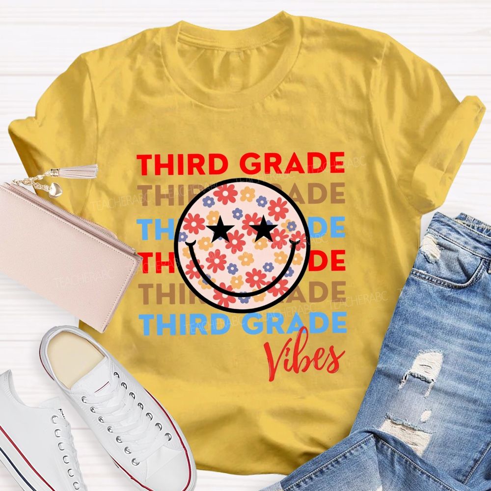 Personalized Grade Third Grade Vibes Floral Smiley Face Teacher T-shirt