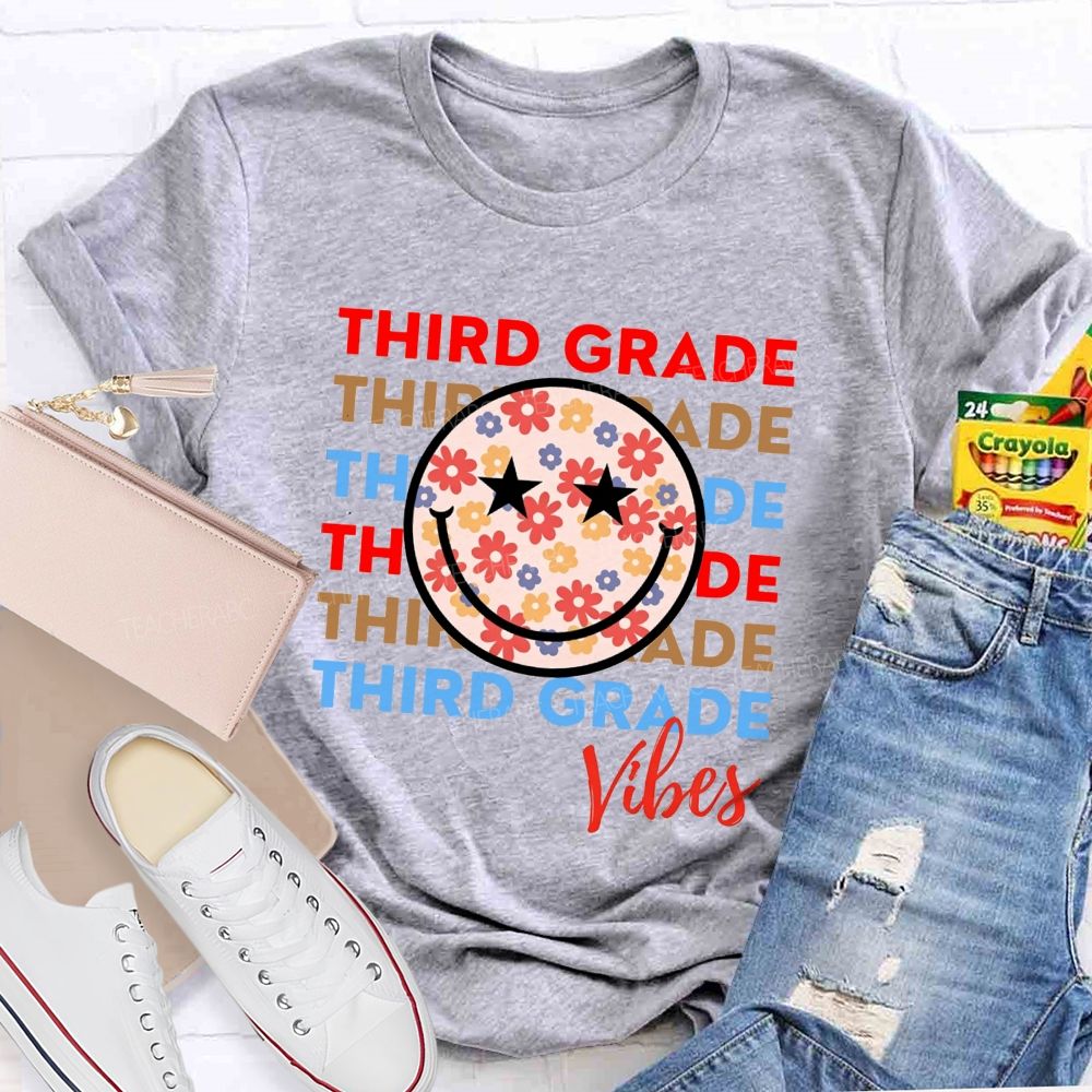 Personalized Grade Third Grade Vibes Floral Smiley Face Teacher T-shirt