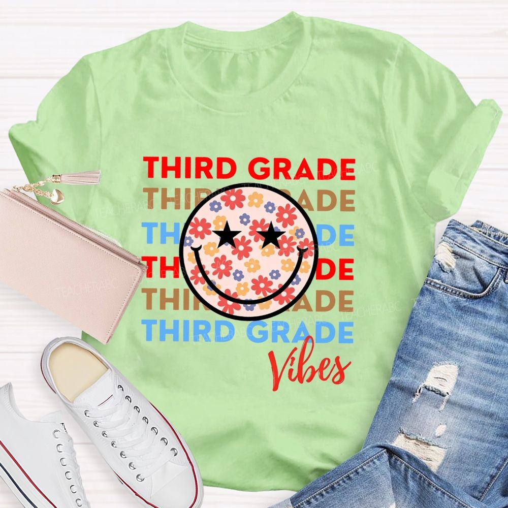 Personalized Grade Third Grade Vibes Floral Smiley Face Teacher T-shirt