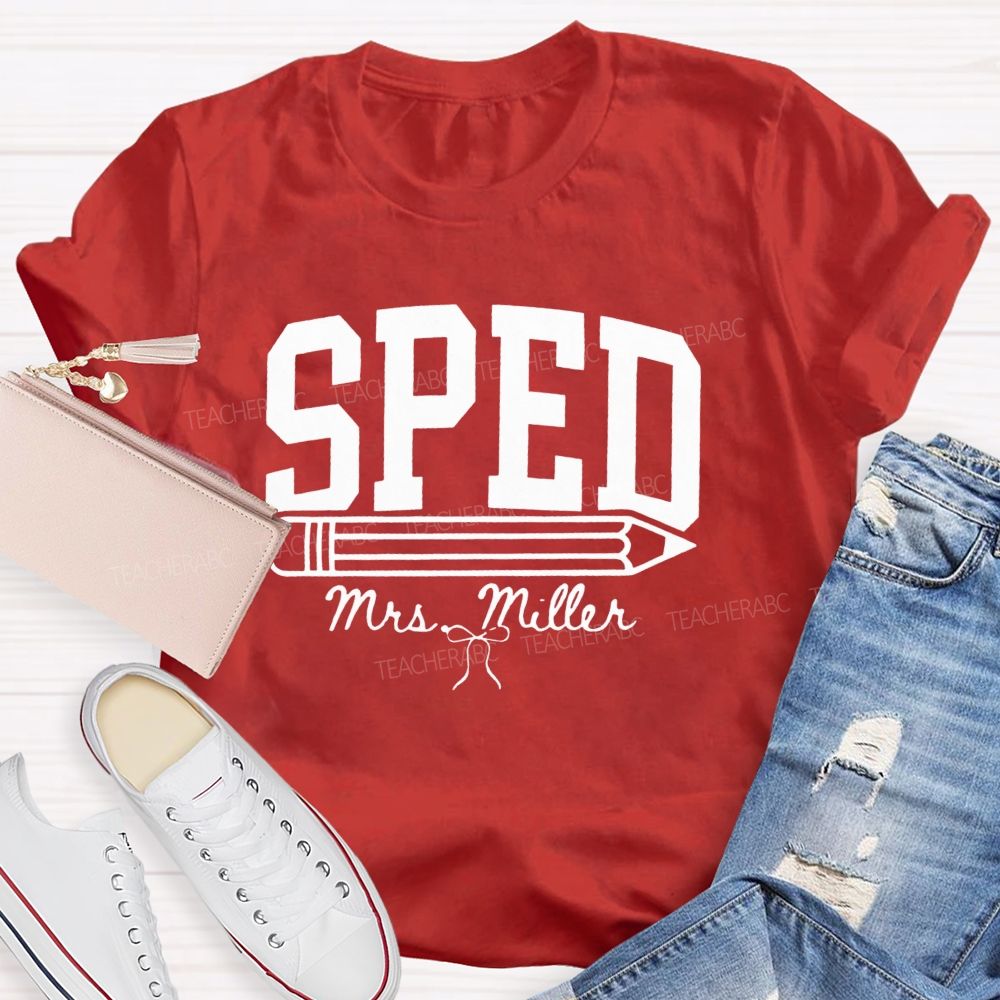 Personalized Name Sped Minimalist Pencil And Bow Print Teacher T-Shirt